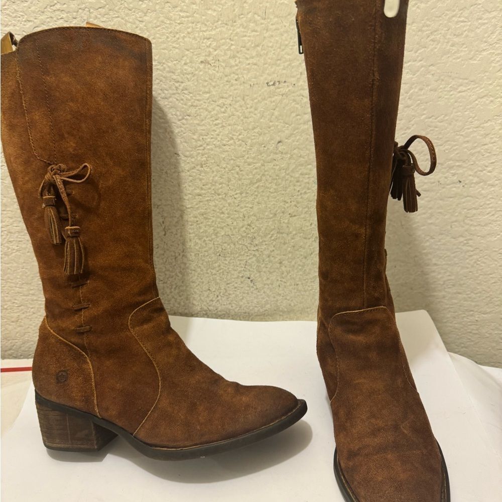 Born Tan Heeled Boots with Tassel Detail